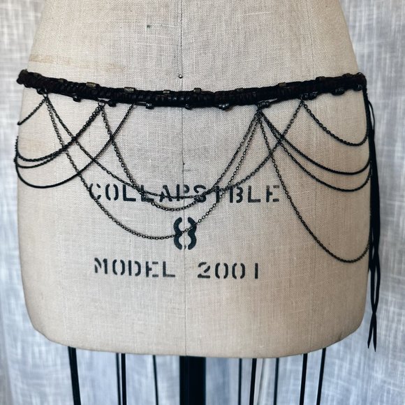 Unisex Handmade Macrame Leather and Draped Chain Belt / Necklace OOAK main image 4